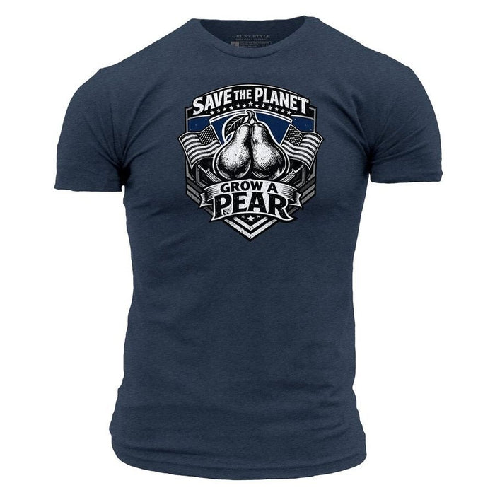 Navy blue t-shirt with 'Save the Planet, Grow a Pear' graphic design on a white background