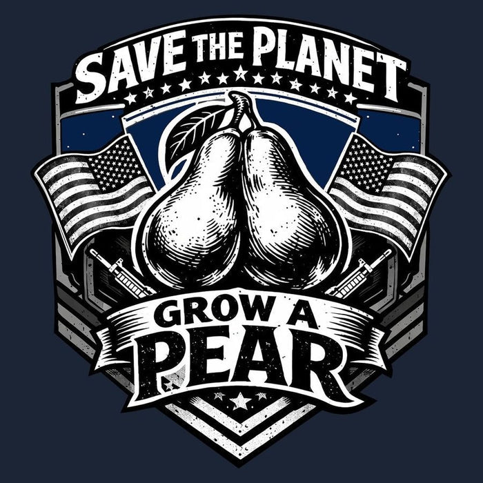 Vintage-style graphic with two pears, American flags, and text 'Save the Planet, Grow a Pear' on a dark background.