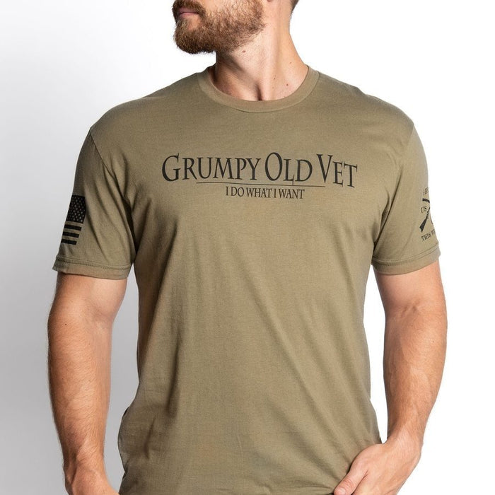 Man wearing a green t-shirt with 'Grumpy Old Vet' text on a white background