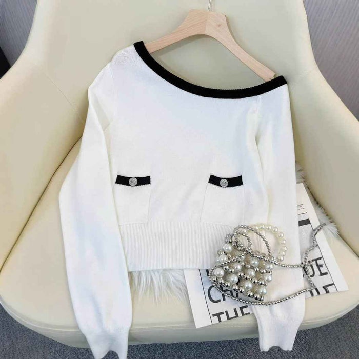 Halter-Neck Off-Shoulder Knit Cardigan with Heart Buttons & Pockets