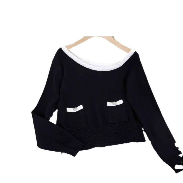 Halter-Neck Off-Shoulder Knit Cardigan with Heart Buttons & Pockets
