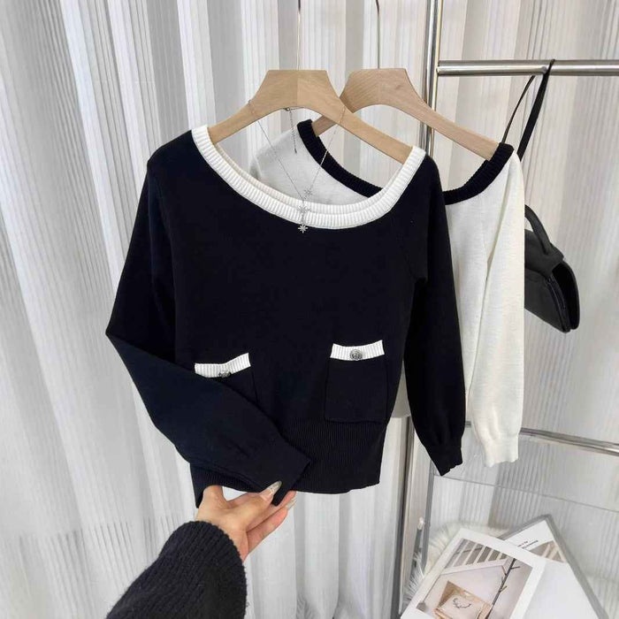 Halter-Neck Off-Shoulder Knit Cardigan with Heart Buttons & Pockets