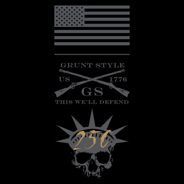 Black t-shirt with 'Grunt Style' logo, American flag, crossed rifles, and skull design on a black background.