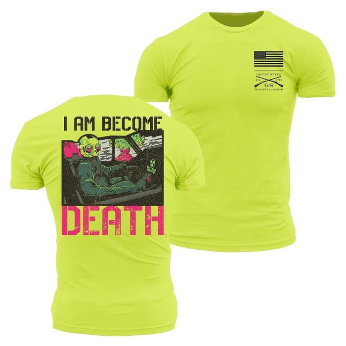 Yellow t-shirt with graphic design on front and back, featuring text and an American flag.