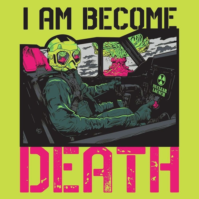 Person in a futuristic suit with a nuclear launch sign, surrounded by green and pink elements on a yellow background.