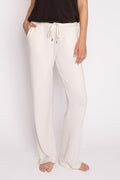 Oatmeal mini terry pajama pants with side slit, tie waistband, and pockets. (7122608390244)