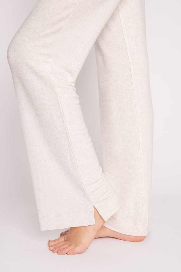 Oatmeal mini terry pajama pants with side slit, tie waistband, and pockets. (7122608390244)