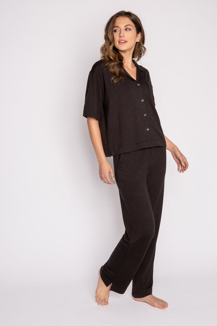 Short sleeve black mini terry button-down pajama shirt with side slit & front pocket. (7122608717924)