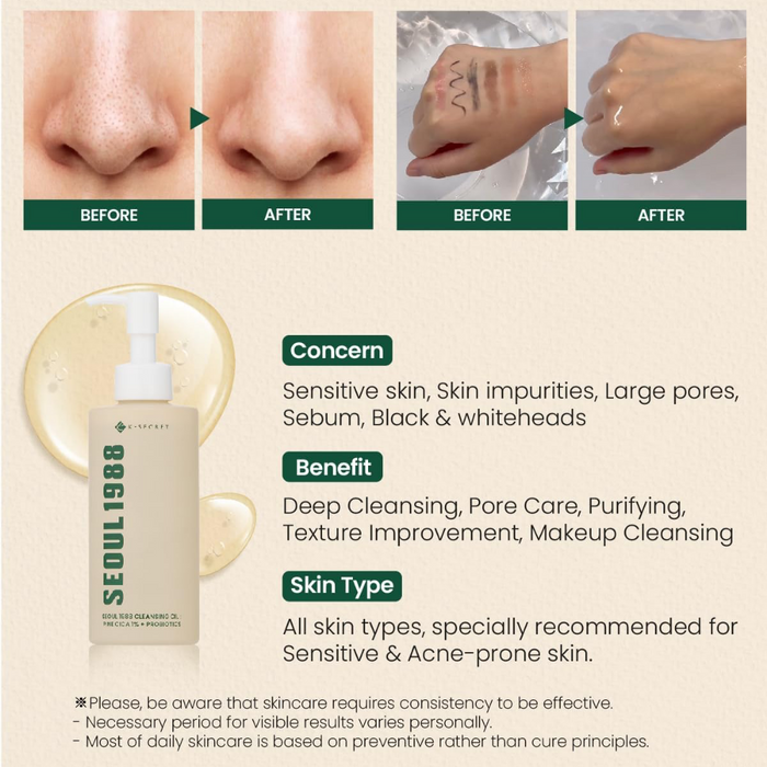 K-Secret Seoul 1988 Cleansing Oil: Pine Cica 1% + Probiotics 200ml