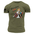 Green t-shirt with graphic design of a woman with a cannon and text on a white background