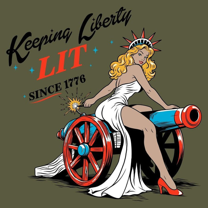 Illustration of a woman in a white dress sitting on a cannon with text 'Keeping Liberty LIT SINCE 1776' on a green background.