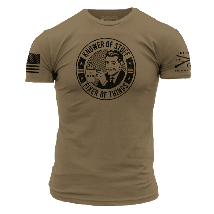Tan 499 t-shirt with graphic design and text on a white background