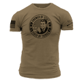 Tan 499 t-shirt with graphic design and text on a white background