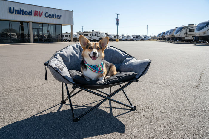 Corgi sitting in Kuma Little Lazy Bear Dog Chair outdoors at RV lot - Lifestyle Shot | United RV Parts