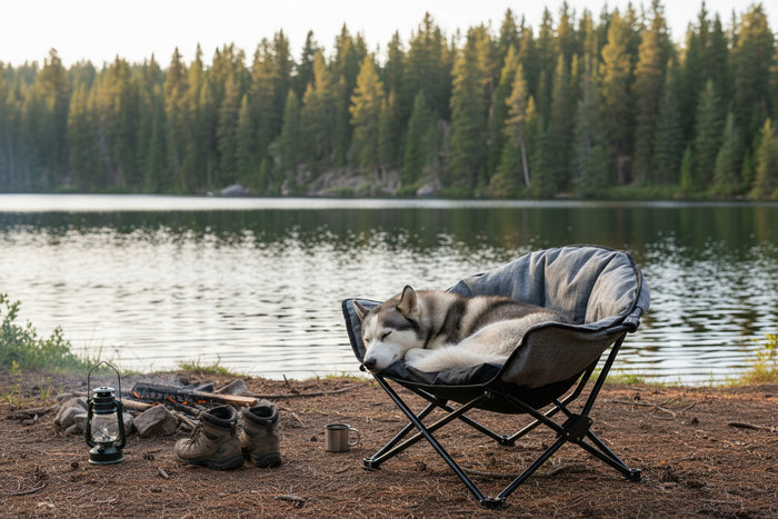 Husky sleeping in Kuma Little Lazy Bear Dog Chair at lakeside campsite - Lifestyle Shot | United RV Parts