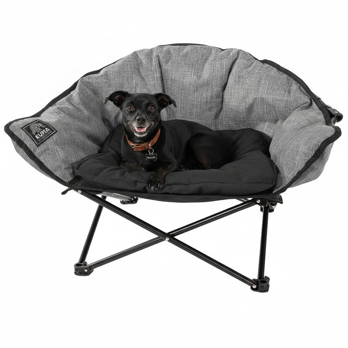 Small dog seated in Heather Grey Kuma Little Lazy Bear Folding Dog Chair - Front View | United RV Parts