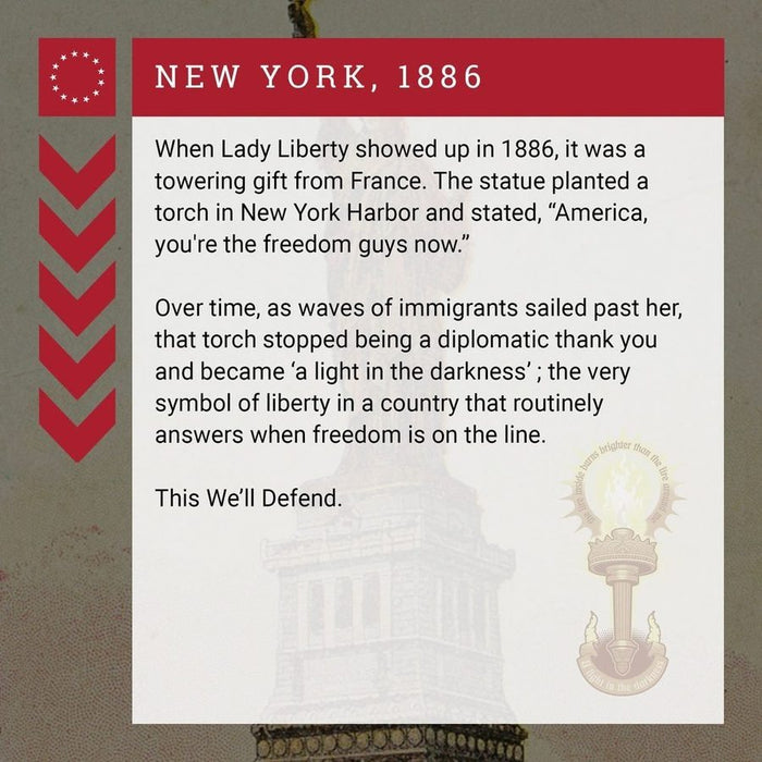 Text about Lady Liberty in New York Harbor with a torch and building illustration.