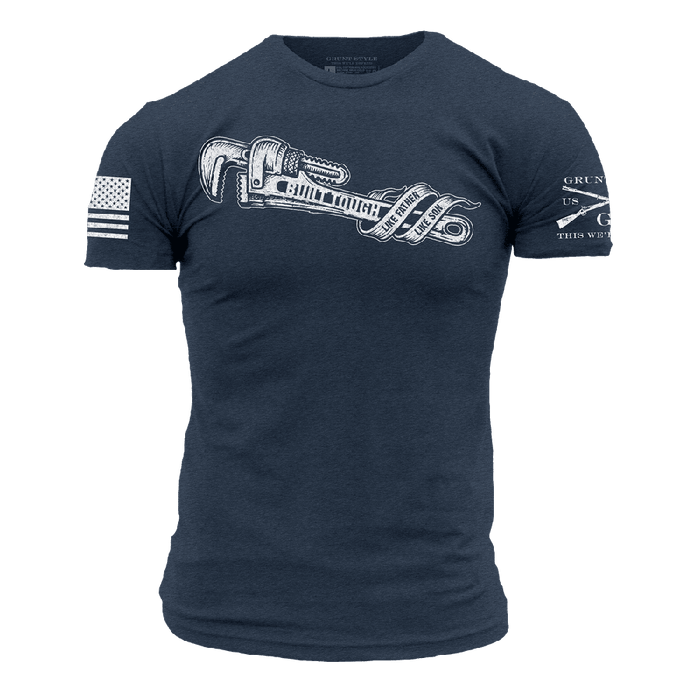 Navy blue t-shirt with white graphic design on a white background