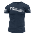 Navy blue t-shirt with white graphic design on a white background
