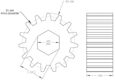 Lippert 123356 Spur Gear Technical Drawing - 1.5in Pitch Diameter 0.625in Hex Bore Specs | United RV Parts