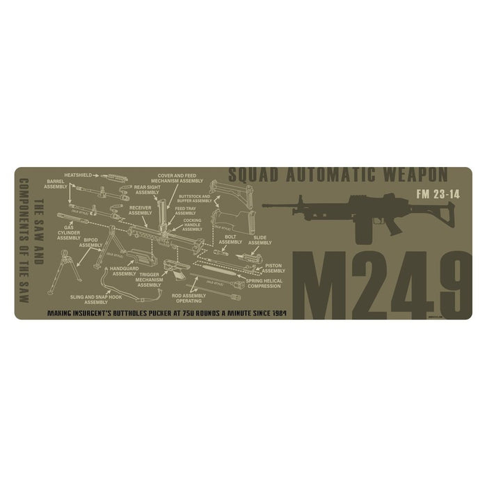 An olive drab green rectangular graphic print featuring a technical schematic of an M249 Squad Automatic Weapon with labeled parts, a rifle silhouette, and large 'M249' text on a white background.