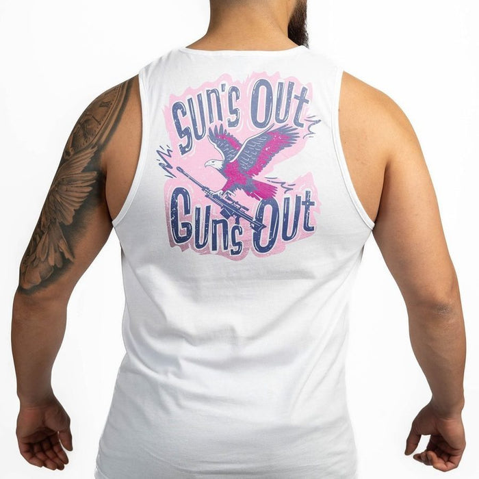 White tank top with 'Sun's Out Guns Out' graphic on a white background