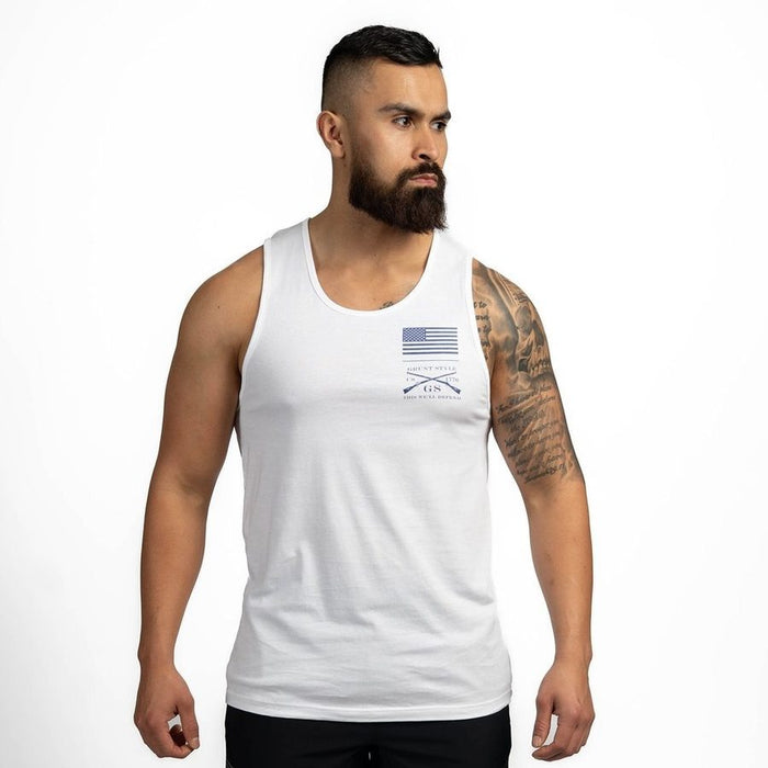 Man wearing a white tank top with a logo on a white background