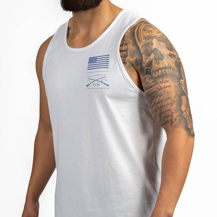 Person wearing a white tank top with a logo on a white background