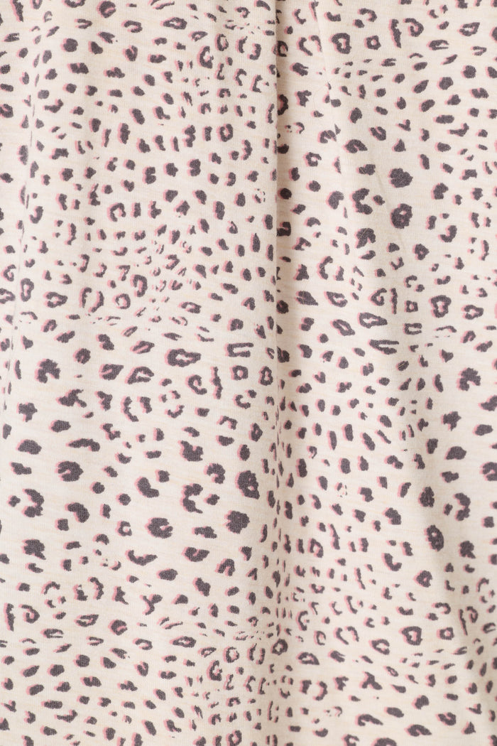 Close-up of the Modal Dreams Leopard Print 3-Piece PJ Set by P.J. Salvage, featuring soft light beige modal jersey fabric with small, irregular black and dark brown leopard spots for a stylish, cozy animal-print look.