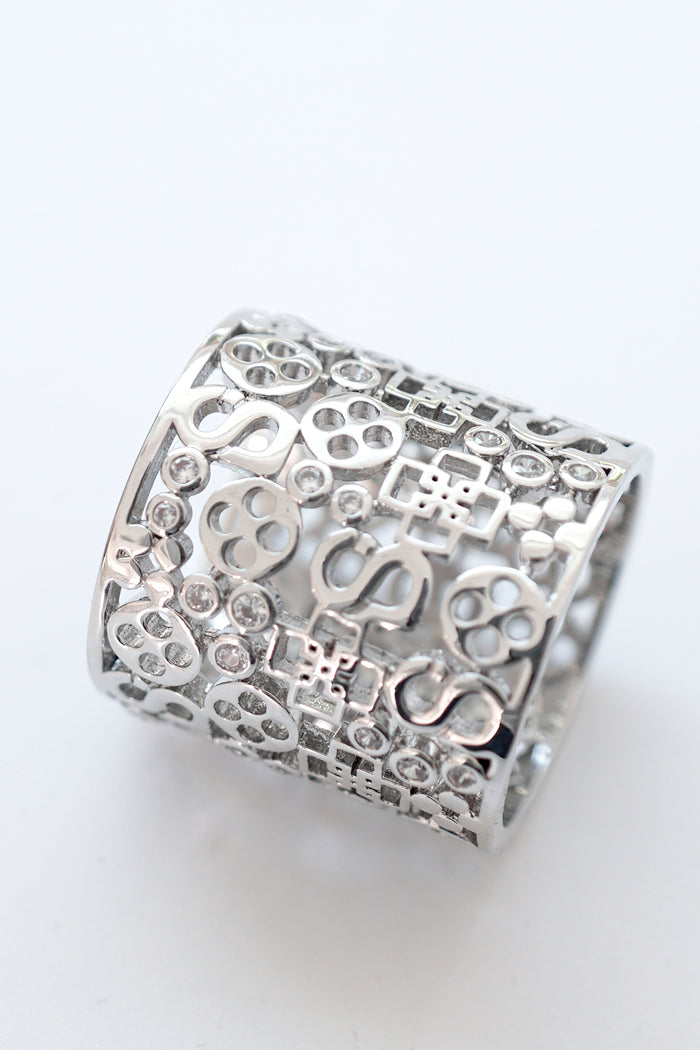 Monogram Carved Ring Brooch - Silver