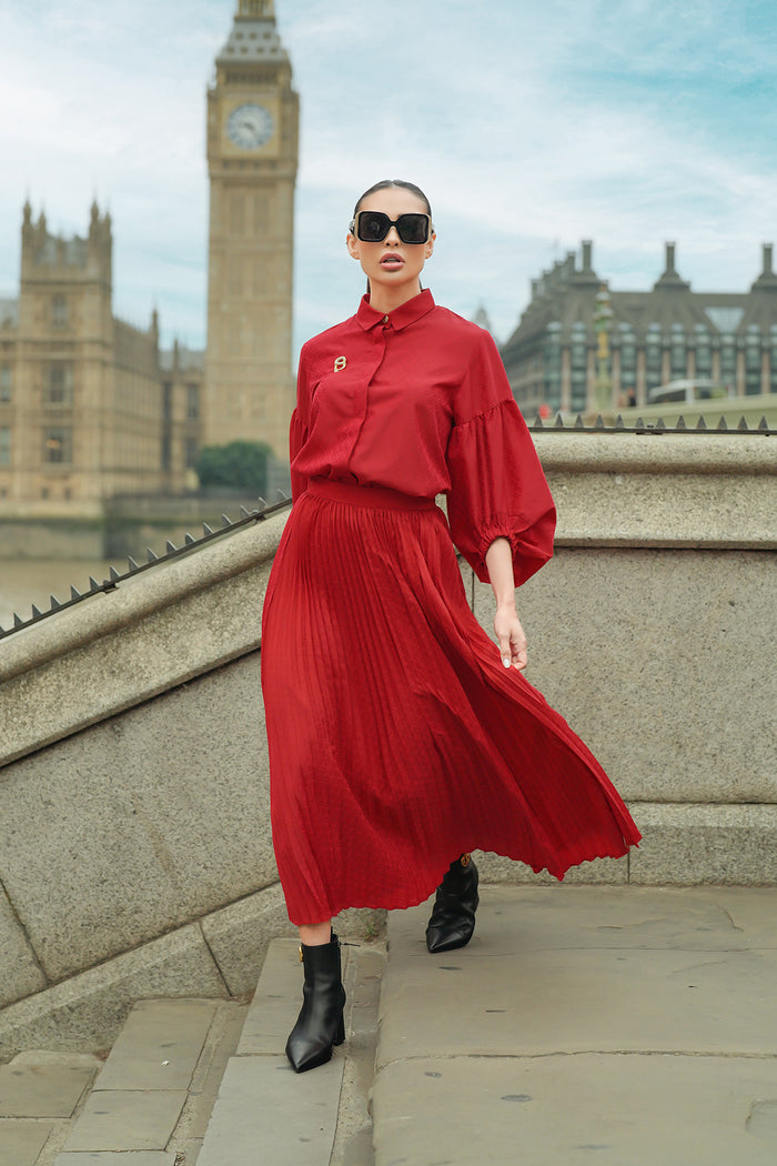 Monogram Embossed Pleated Skirt - Red