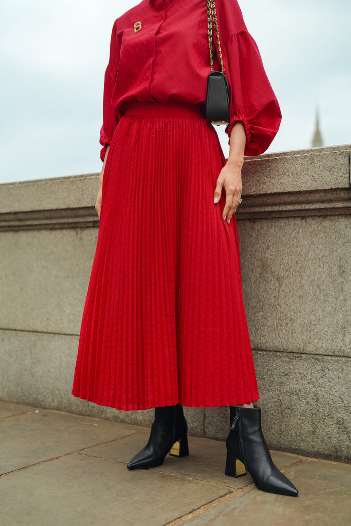 Monogram Embossed Pleated Skirt - Red