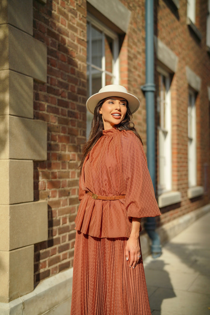 Monogram Embossed Puff Blouse - Terracotta