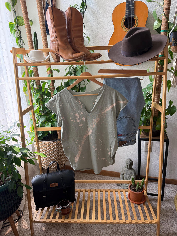 Pebby Forevee Sage Green Bleached Tee | Hand Bleached T-Shirt | Boho Western Top | Relaxed Fit M/L