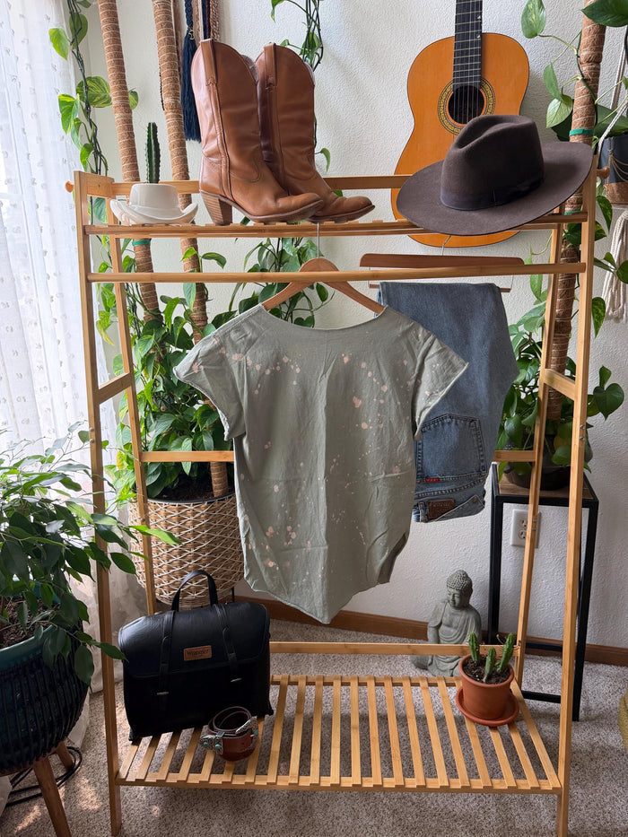 Pebby Forevee Sage Green Bleached Tee | Hand Bleached T-Shirt | Boho Western Top | Relaxed Fit M/L