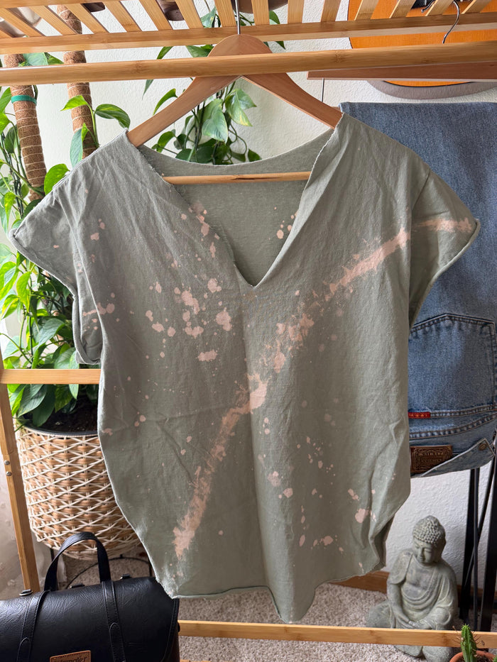 Pebby Forevee Sage Green Bleached Tee | Hand Bleached T-Shirt | Boho Western Top | Relaxed Fit M/L