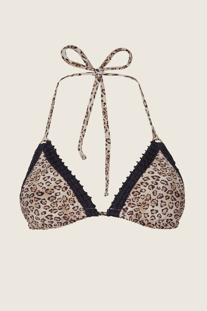 The PQ Swim PJS x PQ Swim Leopard Kyle Crochet Trim Triangle Top features a bold leopard print with crochet trim and adjustable tie straps, shown on a plain beige background for a customizable, standout look.