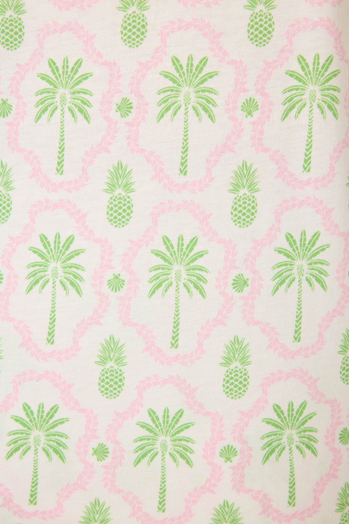 The Playful Prints Island Time Long PJ Set by P.J. Salvage features a white cotton-modal jersey with playful green palm trees and pineapples outlined in pink—perfect for a tropical-inspired look.