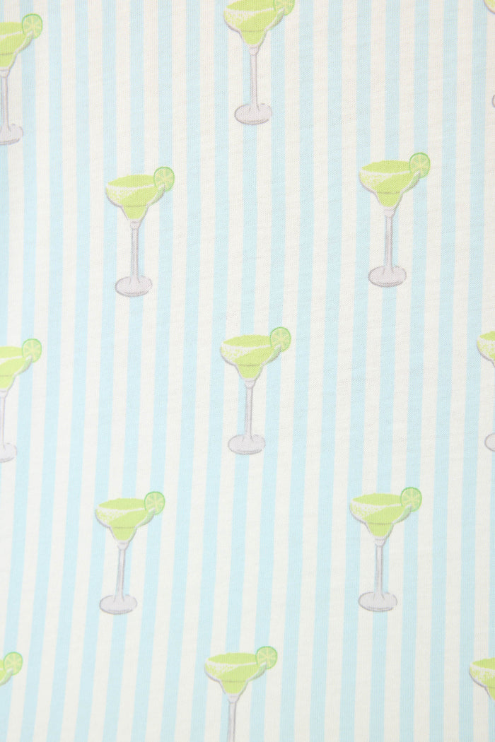 The Playful Prints Island Time Short PJ Set by P.J. Salvage features green margarita cocktails with lime on a light blue and white striped cotton-modal jersey—bringing playful, tropical style to your sleepwear.