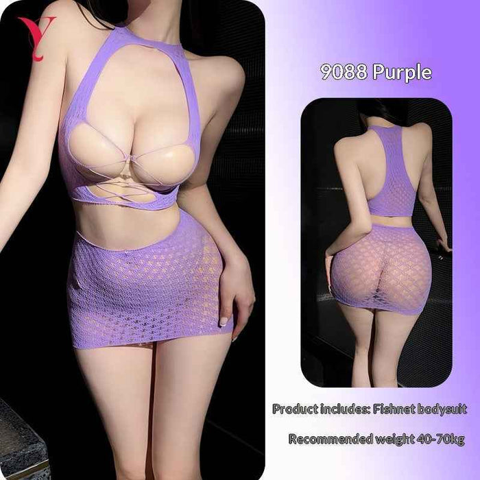 Purple Cutout Halterneck Bodycon Top & Skirt Two-Piece Set