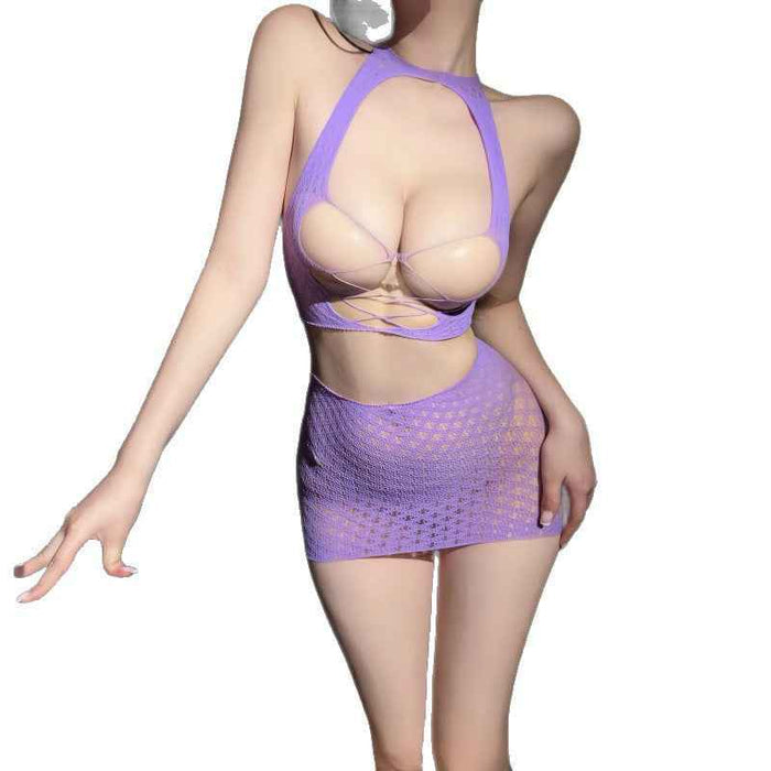 Purple Cutout Halterneck Bodycon Top & Skirt Two-Piece Set