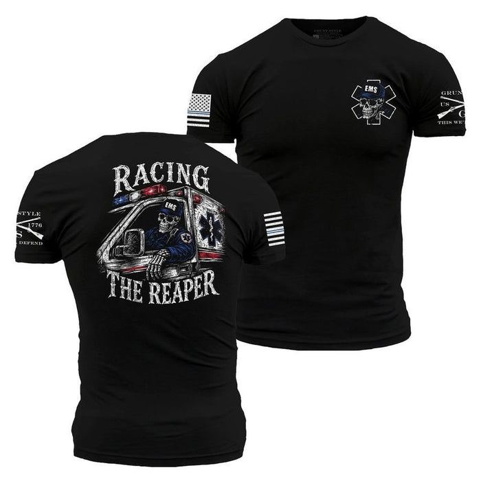 Black t-shirt with white graphic designs on a white background