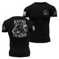 Black t-shirt with white graphic designs on a white background