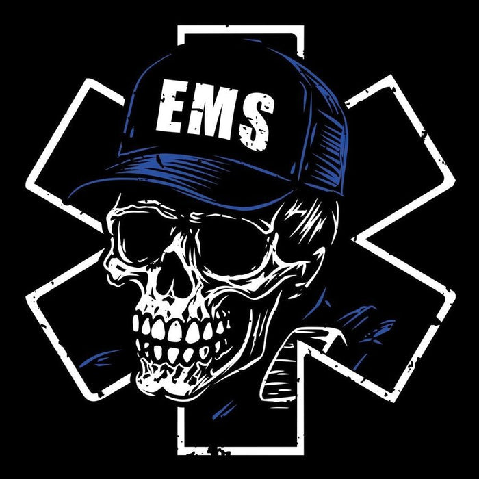 A graphic design featuring a white skull wearing a dark blue baseball cap with 'EMS' in distressed white letters, set against a dark blue and white star-of-life style medical symbol on a black background.