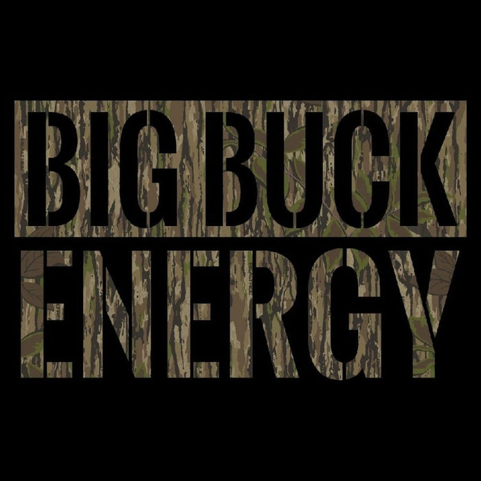 The words 'BIG BUCK ENERGY' are shown in large black block letters filled with a woodland camouflage pattern, centered on a solid black background.