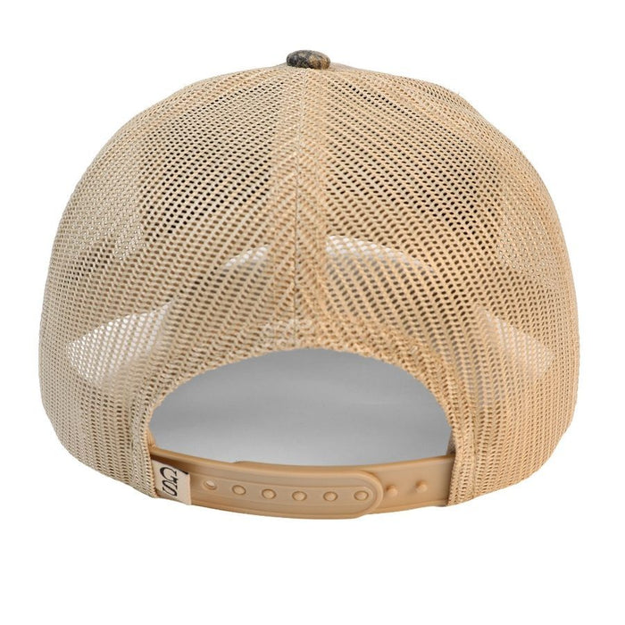 Back view of a beige mesh trucker cap with a matching beige plastic snapback strap and a small embroidered logo on the side.
