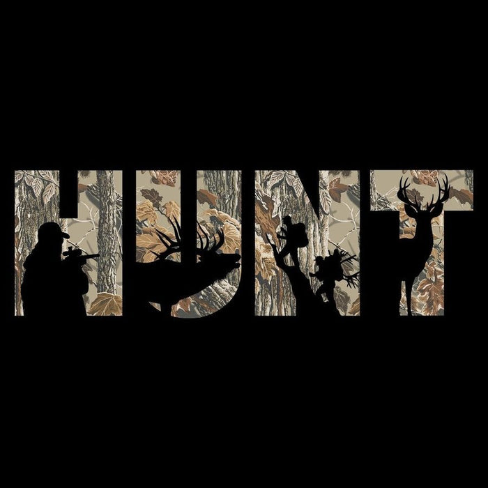 A black graphic design featuring the word 'HUNT' in large letters filled with a woodland camouflage pattern and overlaid with silhouettes of a hunter, deer, and a person hiking, all on a black background.