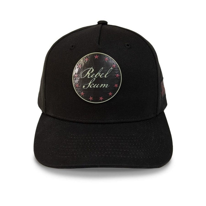 Black cap with 'Rebel Scum' logo on a white background