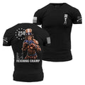 Black t-shirt with graphic design of a muscular figure and text on a white background