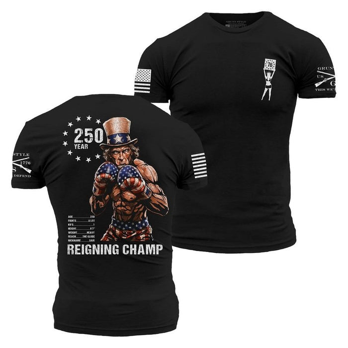 Black t-shirt with graphic design of a muscular figure and text on a white background